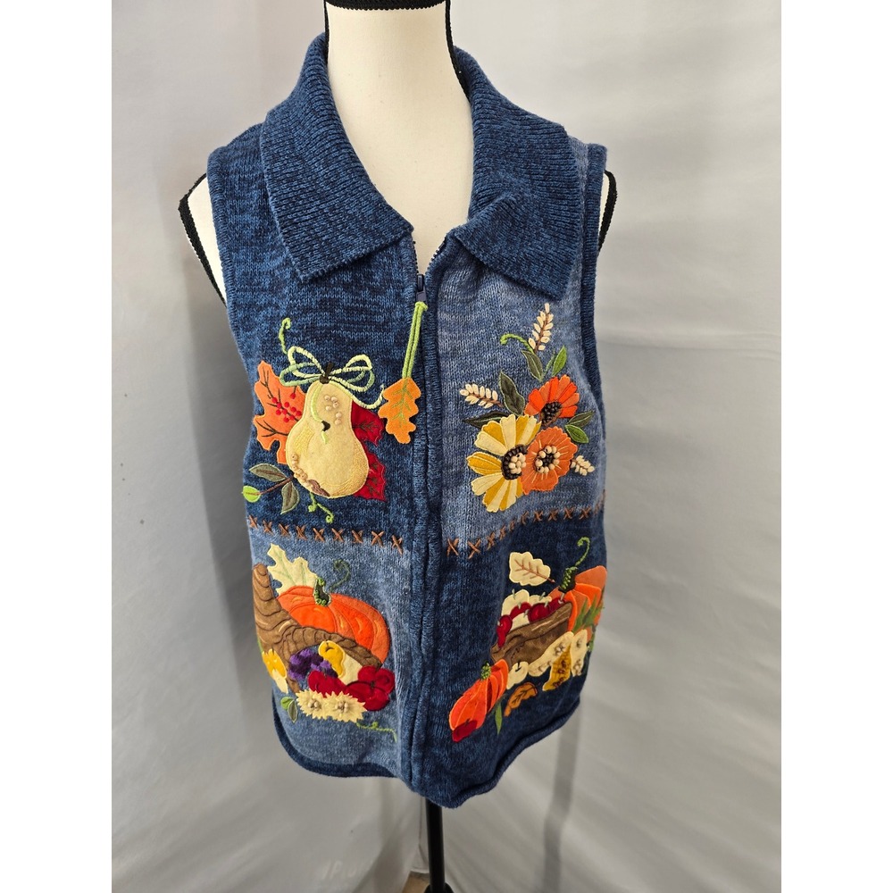 Tiara International Vintage Fall Harvest Embroidered Zip Up Sweater Vest XL Blue